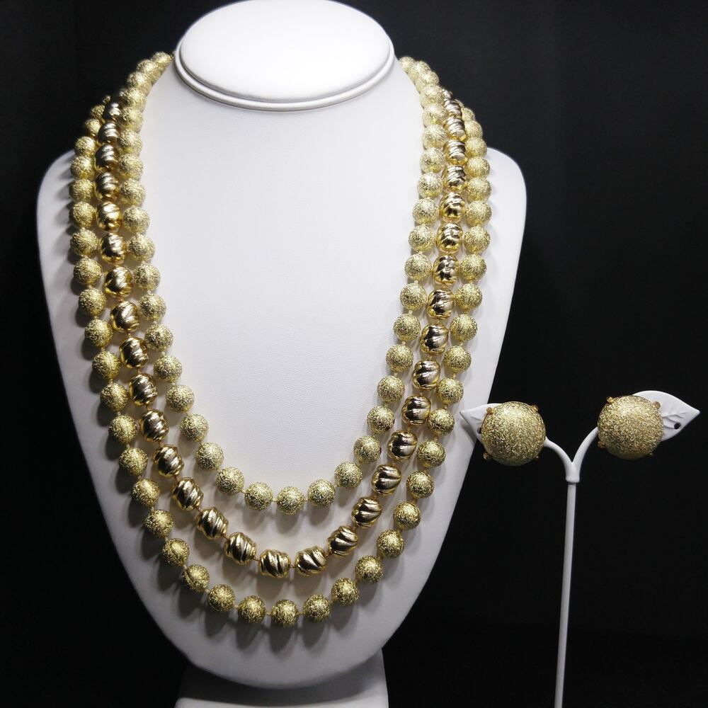 Vintage 1950s Gold Glitter Bead 3 Strand Necklace Earring Set